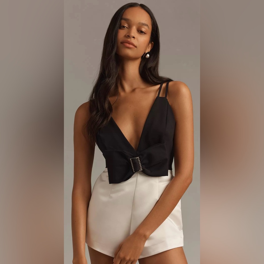 Maeve Sleeveless Deep-V Bow-Front Romper